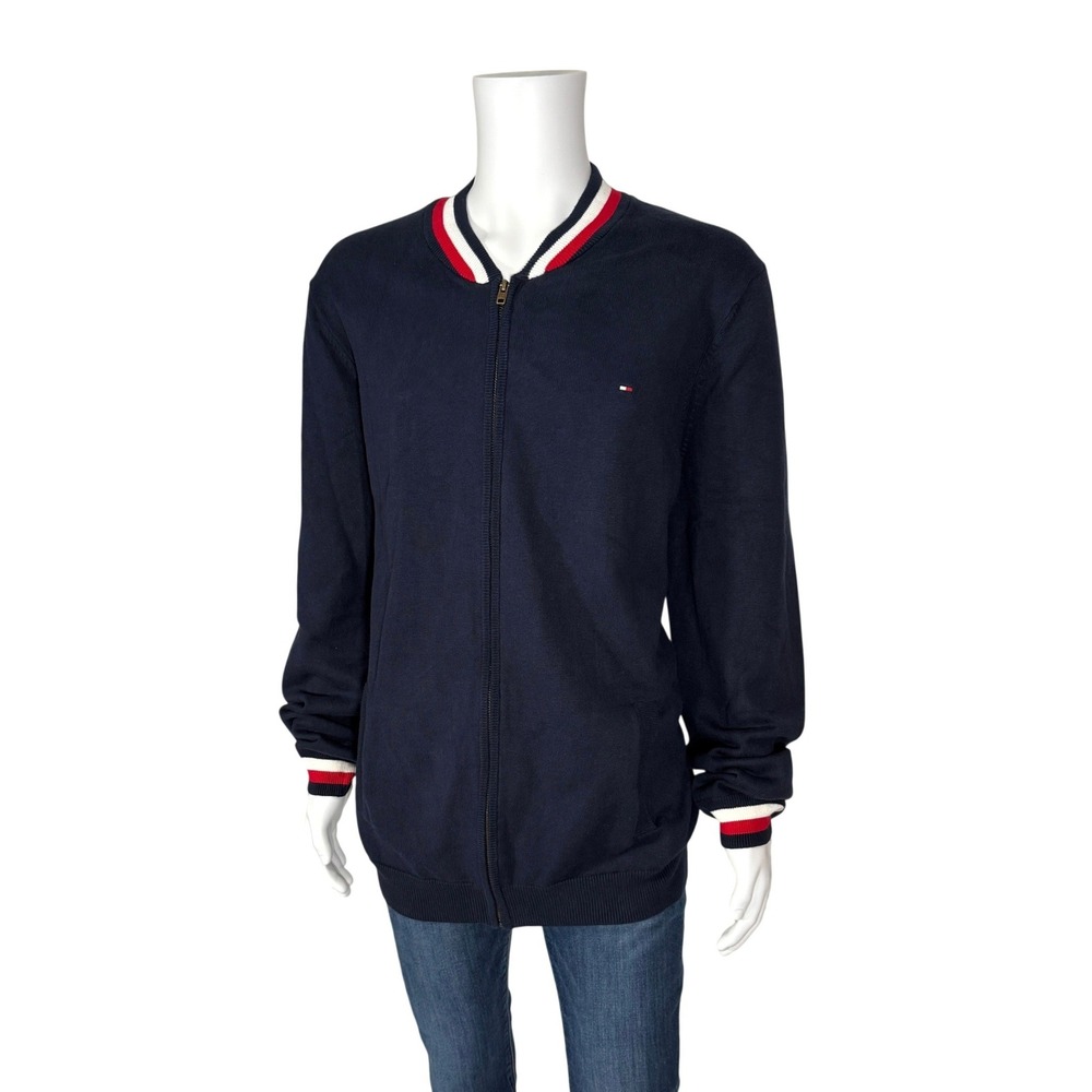Tommy Hilfiger Mens 3XL‎ Navy Blue Full Zip Cardigan Bomber Sweater Striped Trim